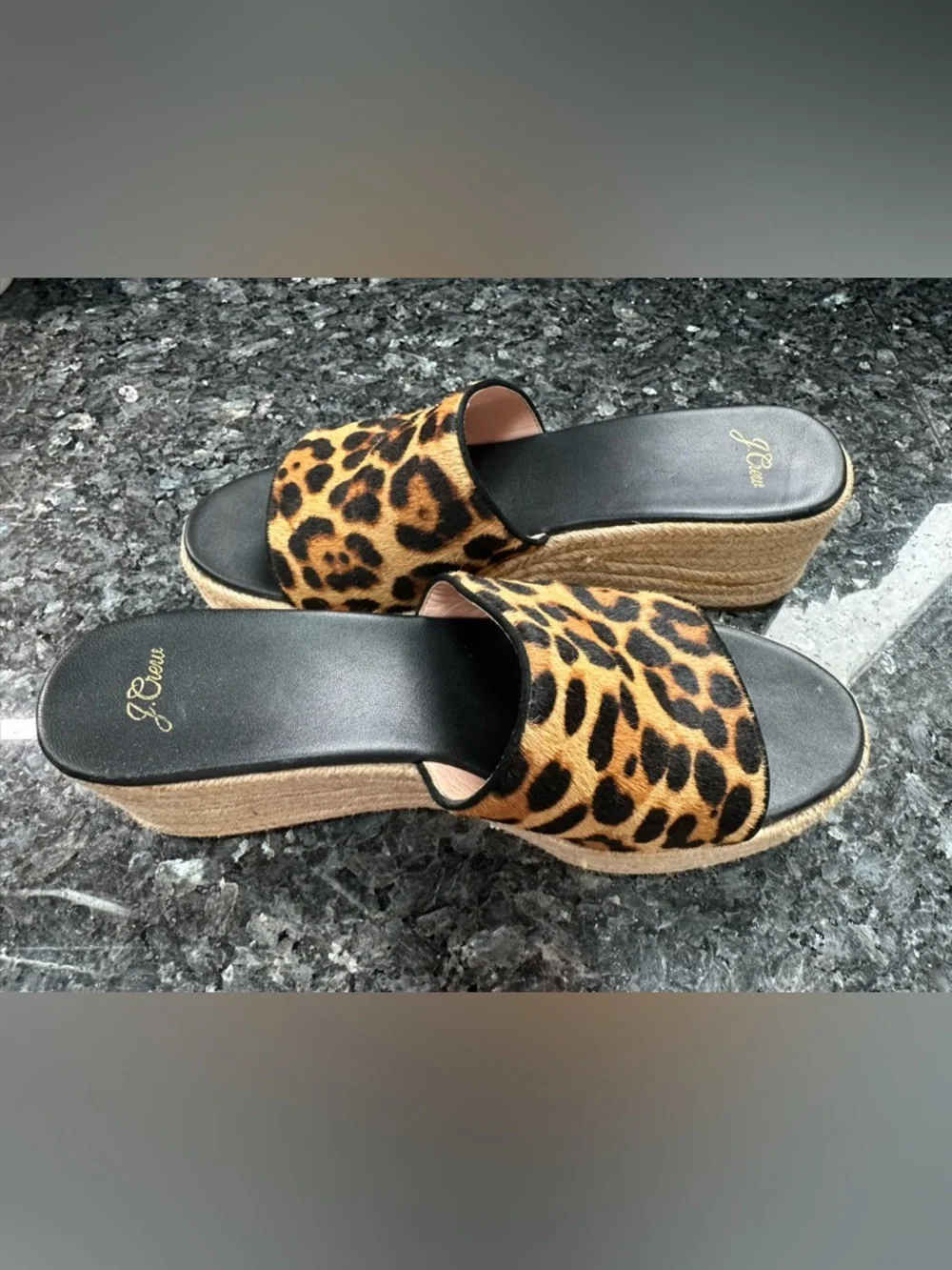 J. Crew Chic Wedge Heel Slide Sandals in Leopard Calf Hair Women’s Size 10